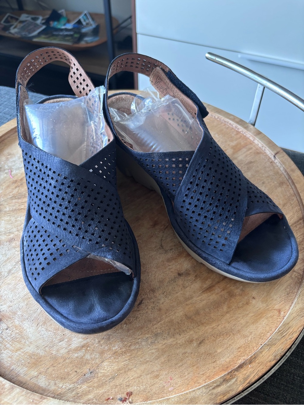 Clarks Navy Perforated Crisscross Wedge Sandals